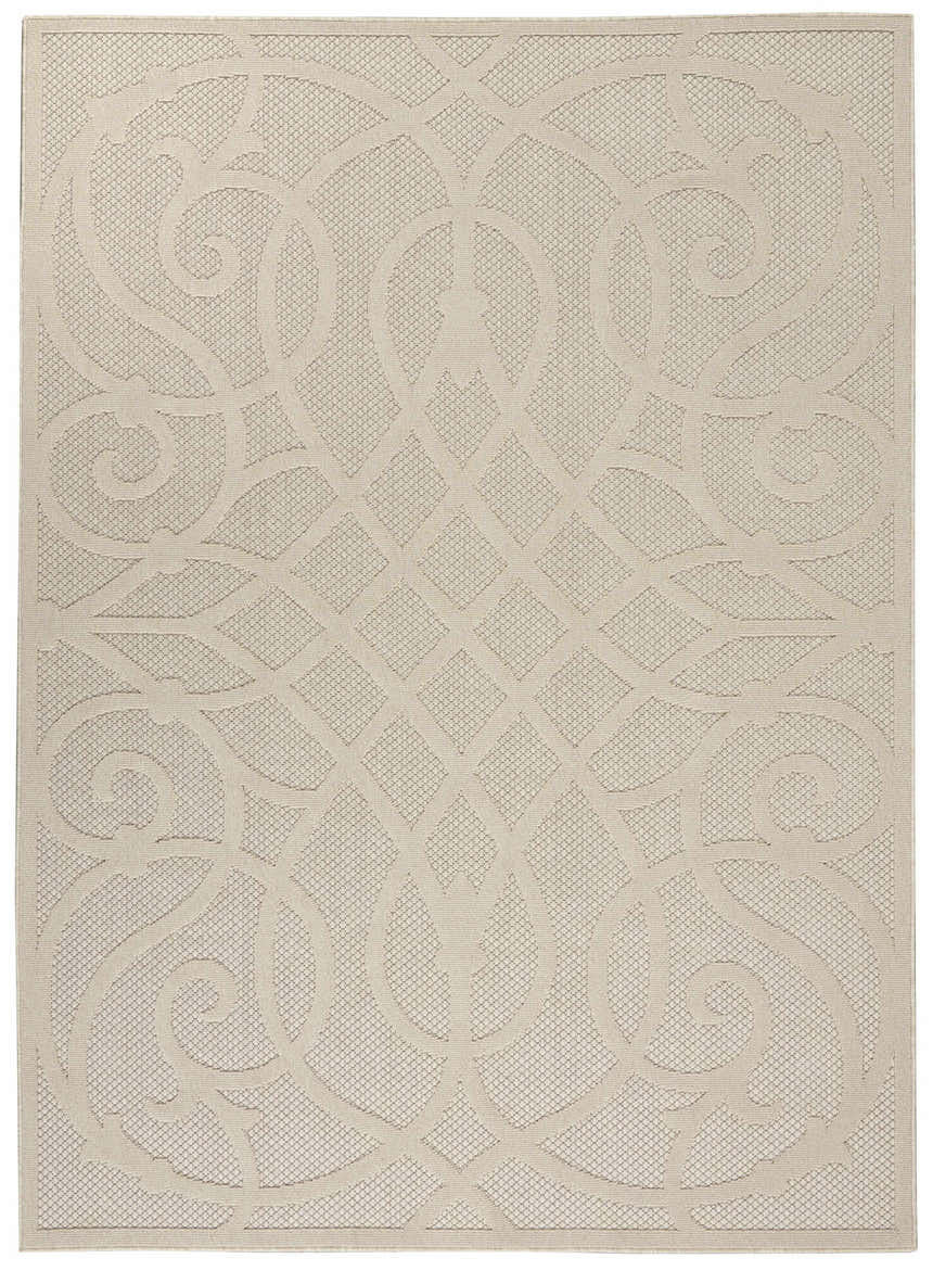 Close-up of the cream Nourison Cozumel Farmhouse Area Rug featuring a geometric trellis and floral scroll pattern.
