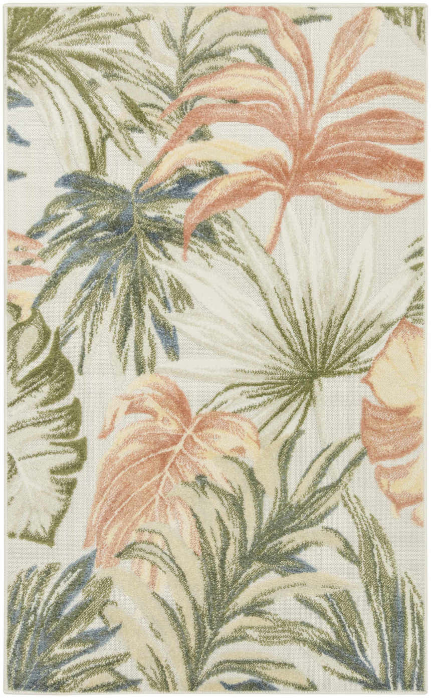 Close-up of the Nourison Aloha Ivory Green rug with chestnut, green, and ivory tropical leaf pattern.