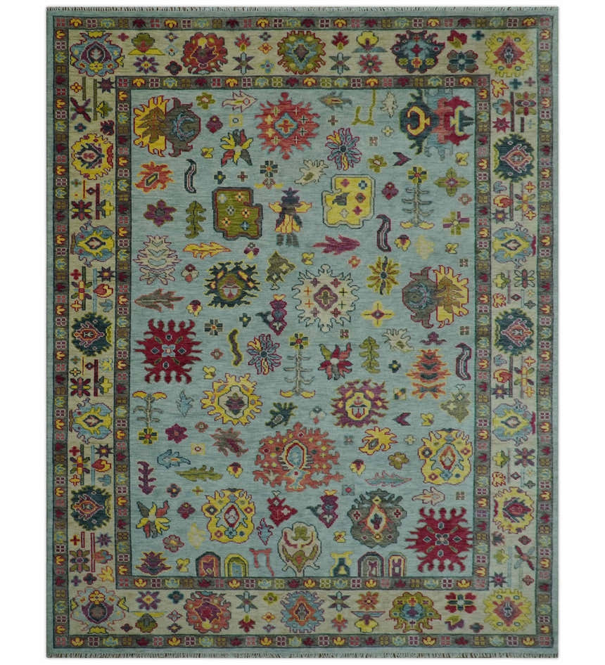 Fine Traditional Ivory and Blue Colorful Hand knotted Oushak Wool Area Rug