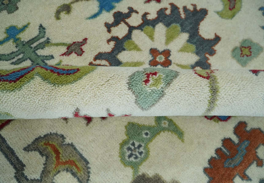 Fine Traditional Ivory and Blue Colorful Hand knotted Oushak Wool Area Rug