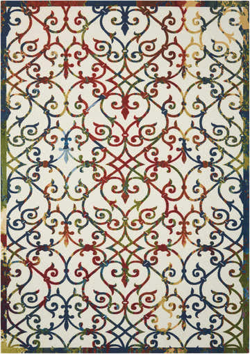 Close-up of Nourison Home & Garden Multicolor Bohemian Area Rug with red, blue, and gold scrollwork on a white background.