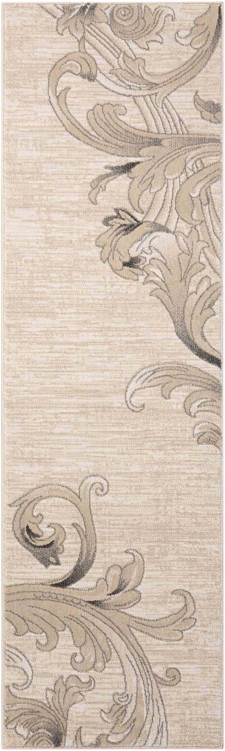Close up of the Nourison Maxell Mocha rug, featuring a light brown floral scroll pattern.
