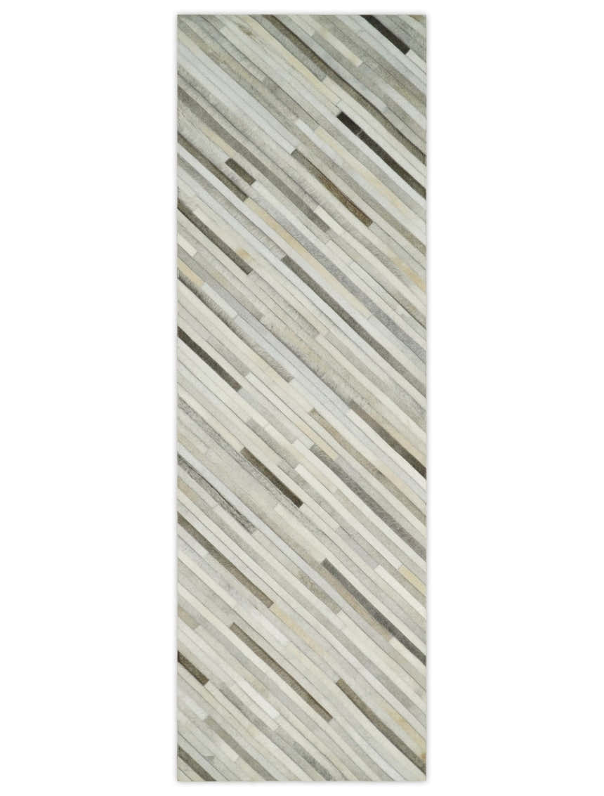 Flatweave Hairon Genuine Leather Stripe Design Beige and Ivory Area Rug