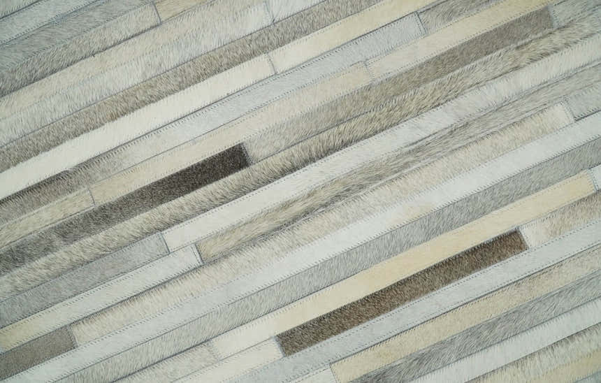 Flatweave Hairon Genuine Leather Stripe Design Beige and Ivory Area Rug