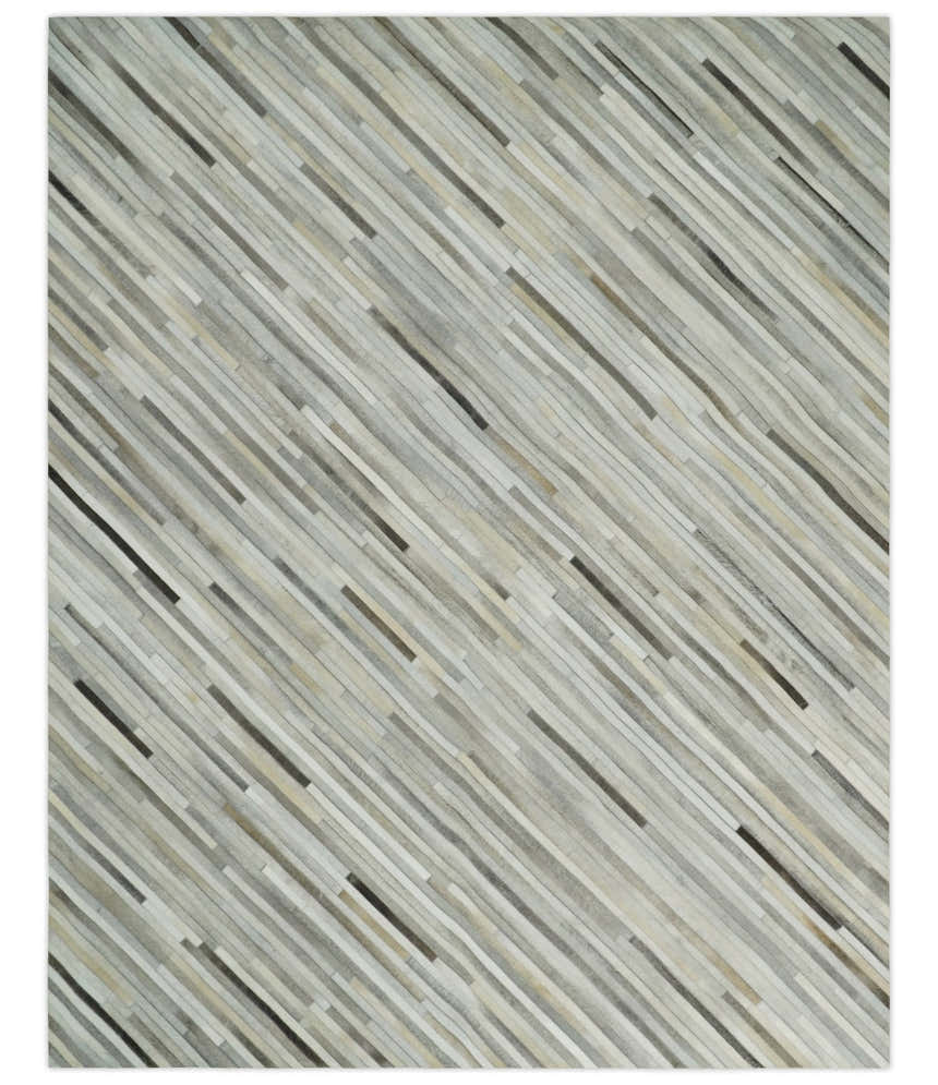 Flatweave Hairon Genuine Leather Stripe Design Beige and Ivory Area Rug