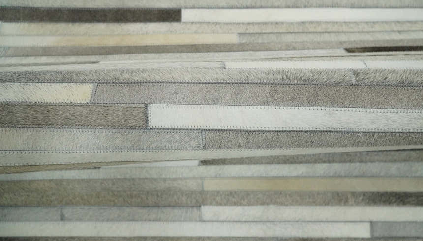 Flatweave Hairon Genuine Leather Stripe Design Beige and Ivory Area Rug