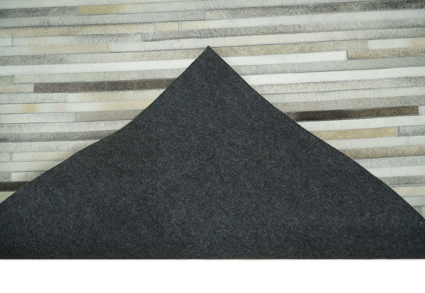 Flatweave Hairon Genuine Leather Stripe Design Beige and Ivory Area Rug