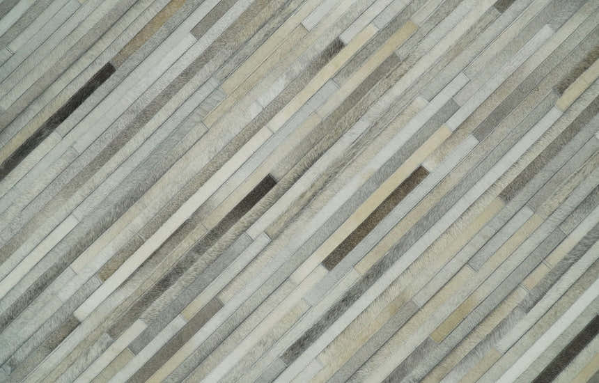 Flatweave Hairon Genuine Leather Stripe Design Beige and Ivory Area Rug