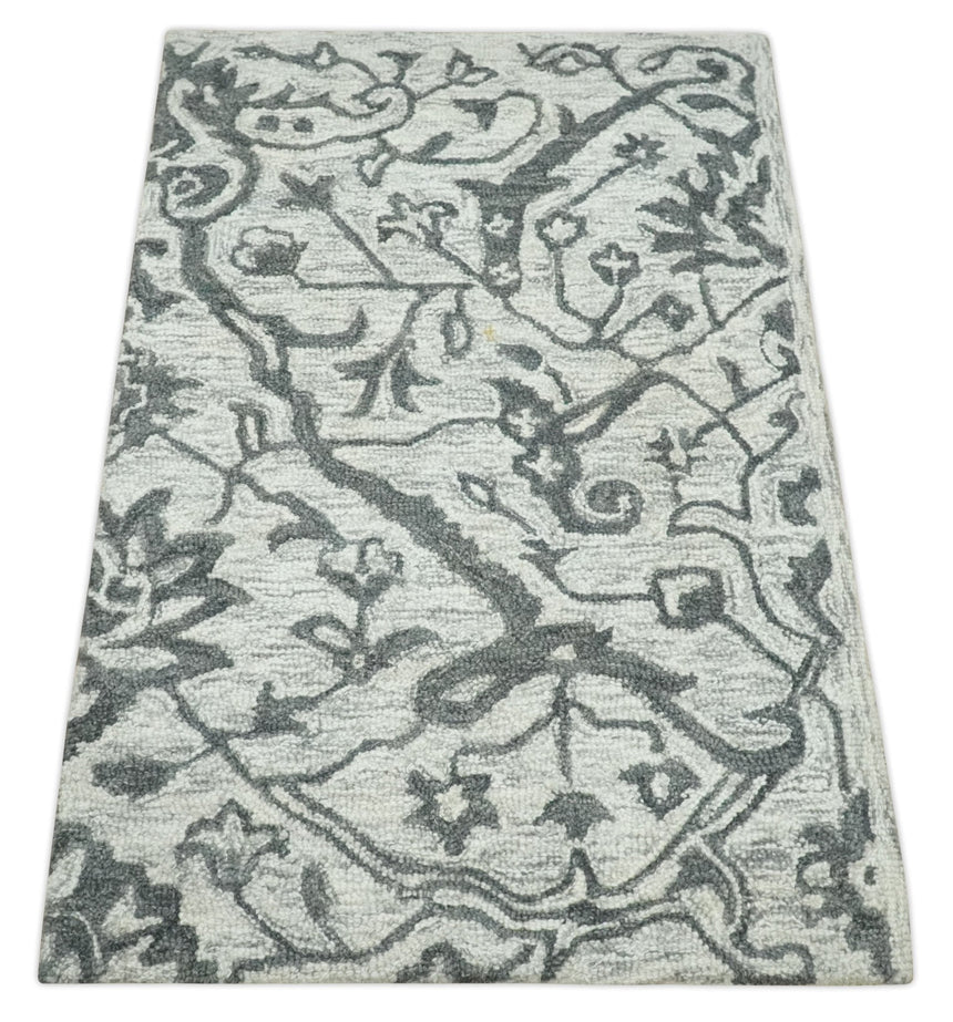 Floral Ivory and Charcoal Wool Hand Woven Layering Multi Size Area Rug