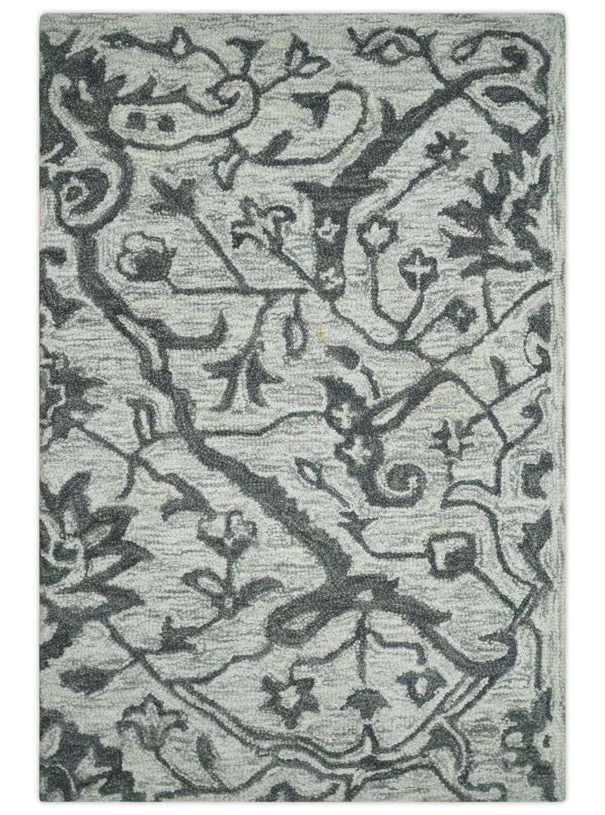 Floral Ivory and Charcoal Wool Hand Woven Layering Multi Size Area Rug