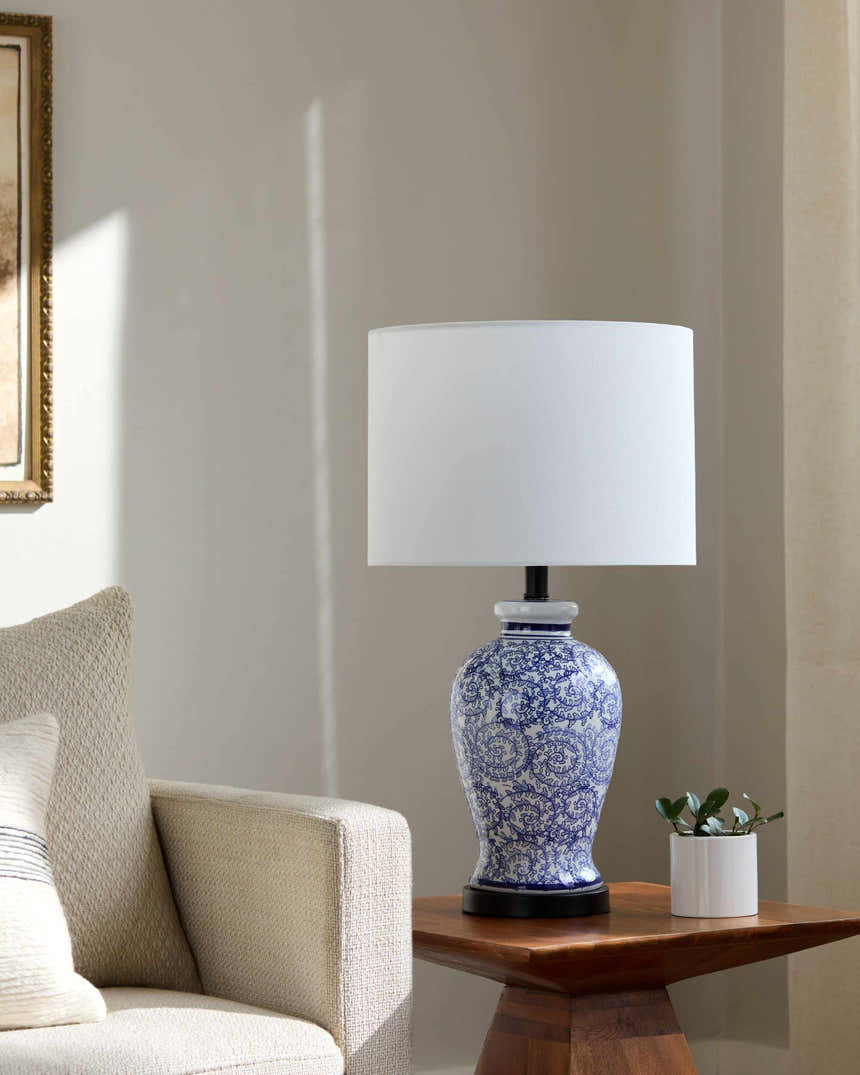 Sapphire Blue Traditional Table Lamp with linen details for bedside or console tables