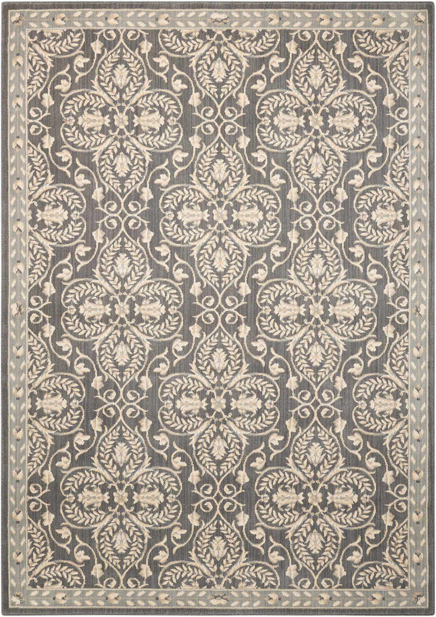 Close-up of Nourison Riviera Graphite rug. Features a floral damask pattern in graphite and beige with a decorative border.