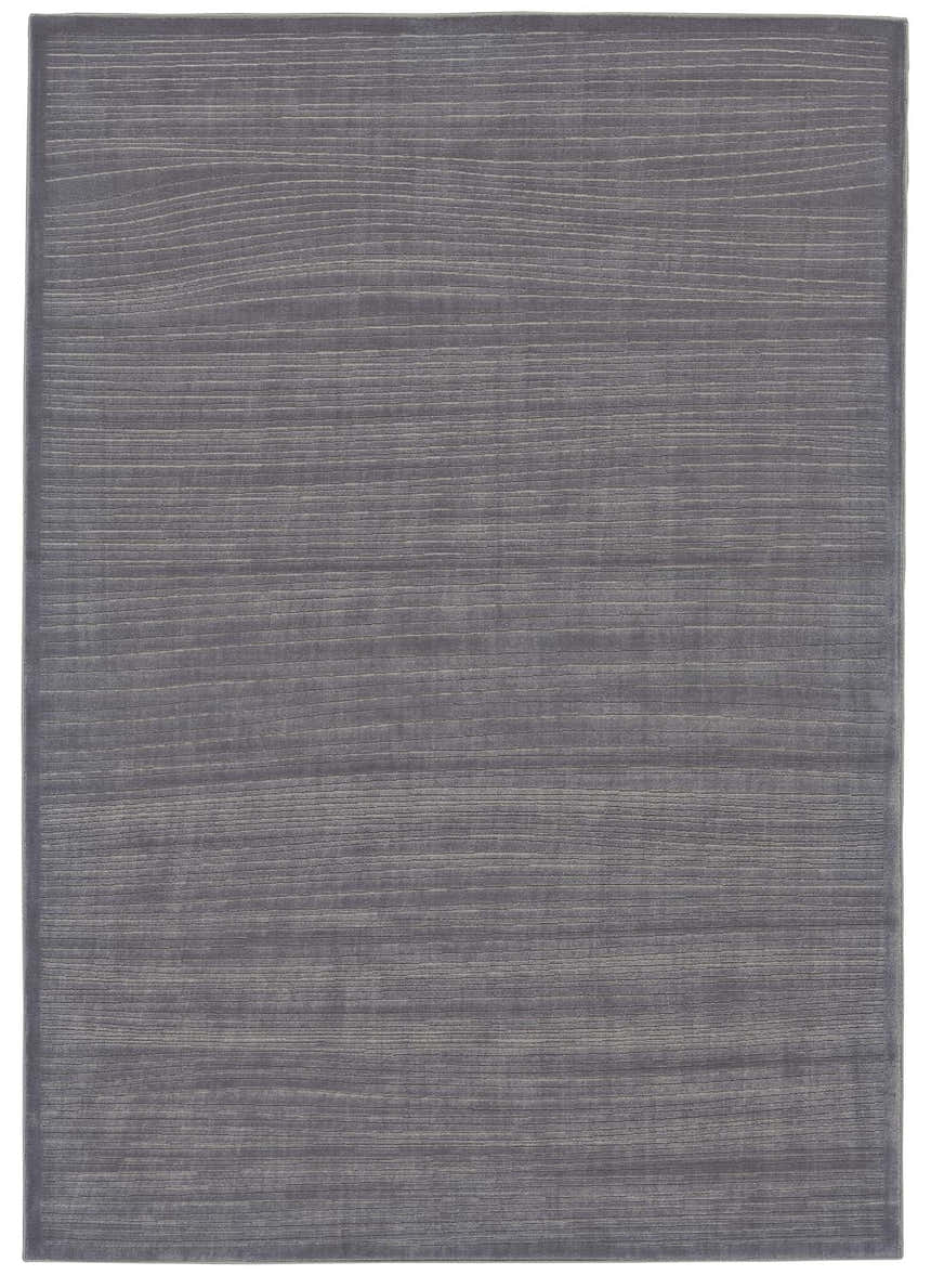 Close-up of the Feizy Melina rug in blue, gray, and taupe. Solid design with subtle horizontal texture. Design-Rectangle