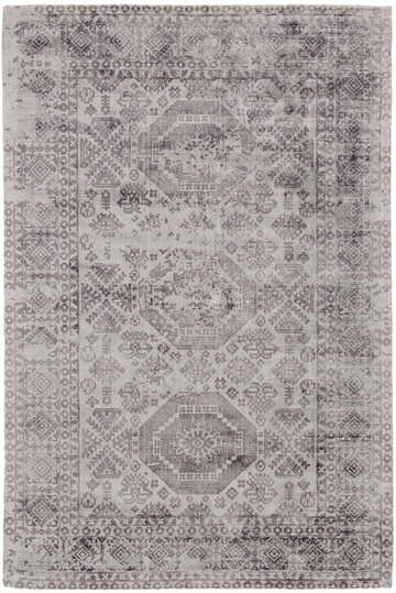 Close-up of Feizy Nadia rug. Gray and purple viscose rug with a traditional bordered, vintage design. Hand woven rectangle shape. Design-Rectangle