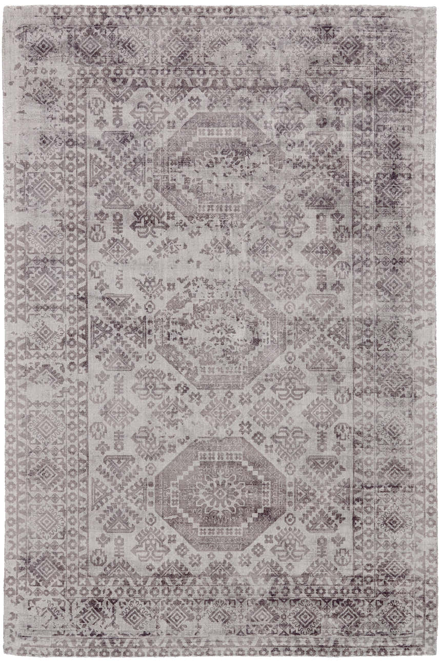 Close-up of Feizy Nadia rug. Gray and purple viscose rug with a traditional bordered, vintage design. Hand woven rectangle shape. Design-Rectangle