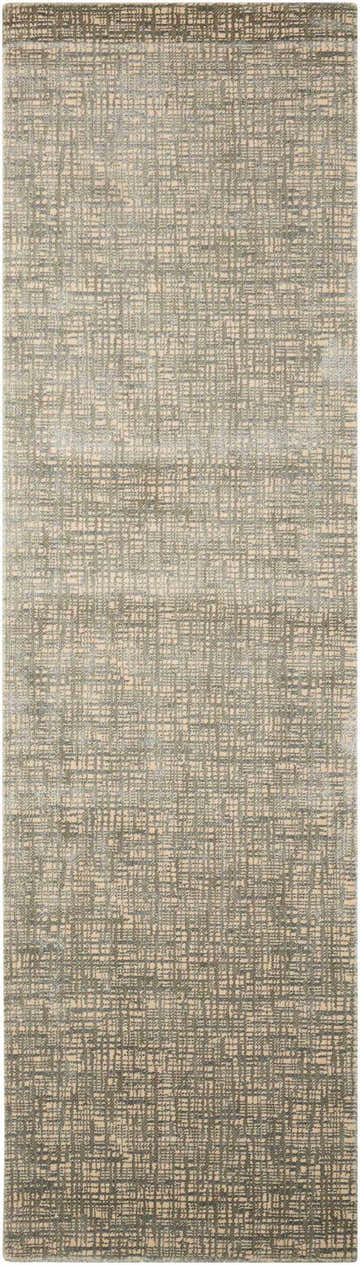 Close-up of Nourison Starlight Sea Mist rug. Modern, machine-made design with a subtle grid pattern in soft sea mist hues.