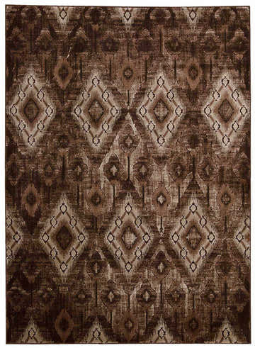 Close-up of the Nourison Karma Chocolate Vintage Indoor Area Rug, featuring a brown diamond and ikat-inspired pattern.