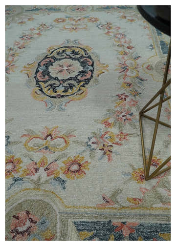 French Design Aubusson Custom Made Ivory, Light Green and Charcoal Hand Tufted wool Area Rug