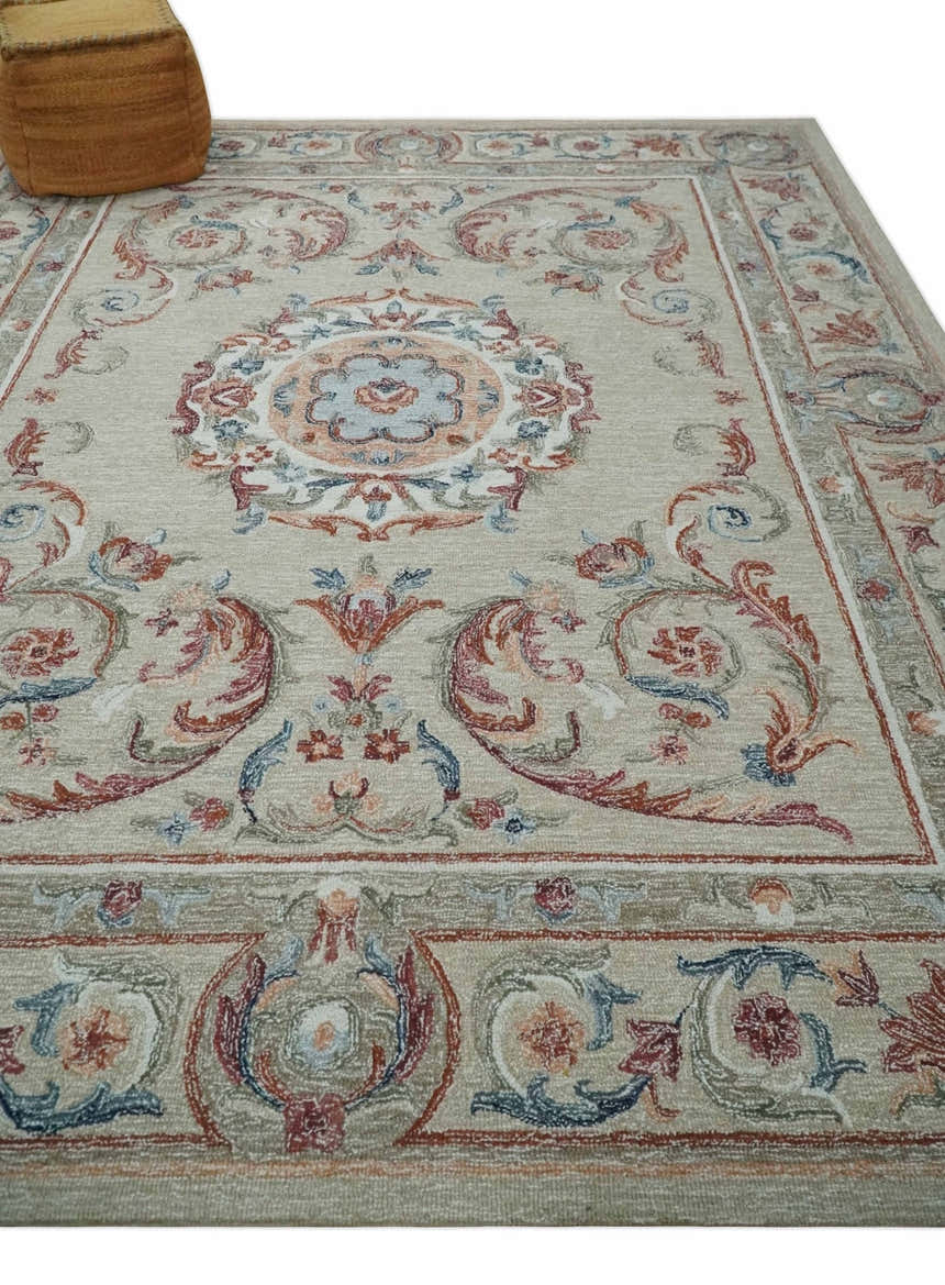 French Inspired Aubusson design Custom Made Beige, Brown and Blue Hand Tufted wool Area Rug