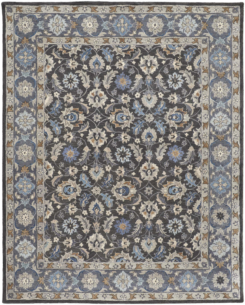 Close-up of the Feizy Rylan Transitional Oriental rug. Taupe rug with blue, ivory, and brown floral pattern and border. Hand-tufted wool. Design-Rectangle