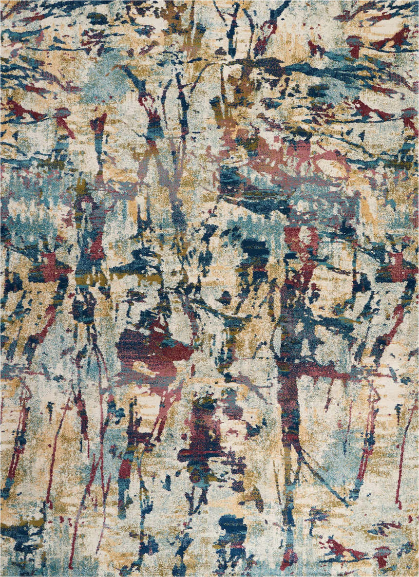 Close-up of Nourison Fusion Cream Multicolor rug featuring a modern abstract design with cream, blue, red, and gold tones.