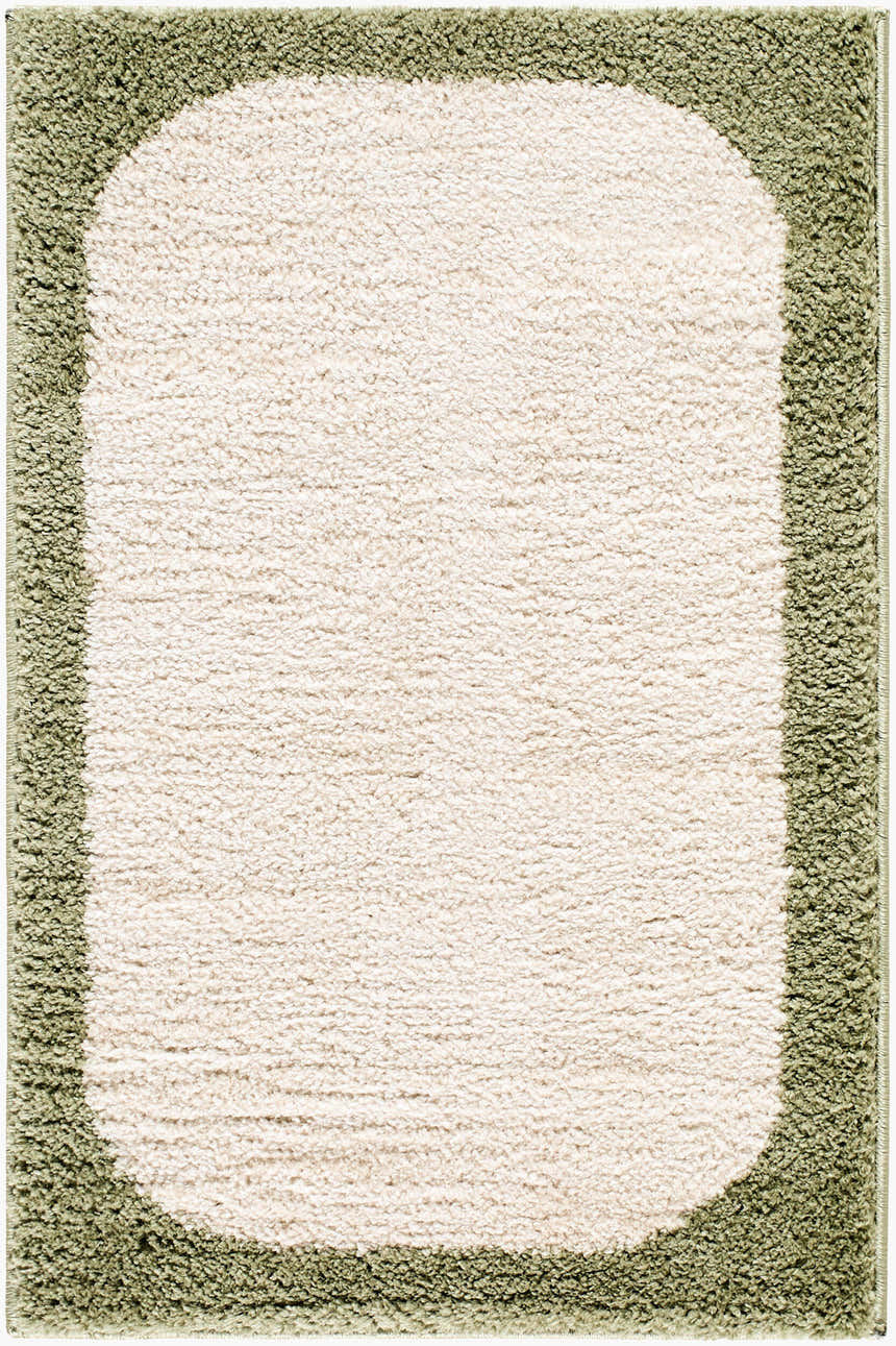 Close-up of the Fergus Washable Area Rug, cream center with an olive green border, showing the rug's texture. Design-Rectangle-2211