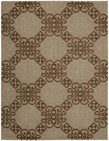 Close-up of the Nourison Ambrose Almond rug. Features a geometric pattern in almond and brown hues. Handmade wool rug.