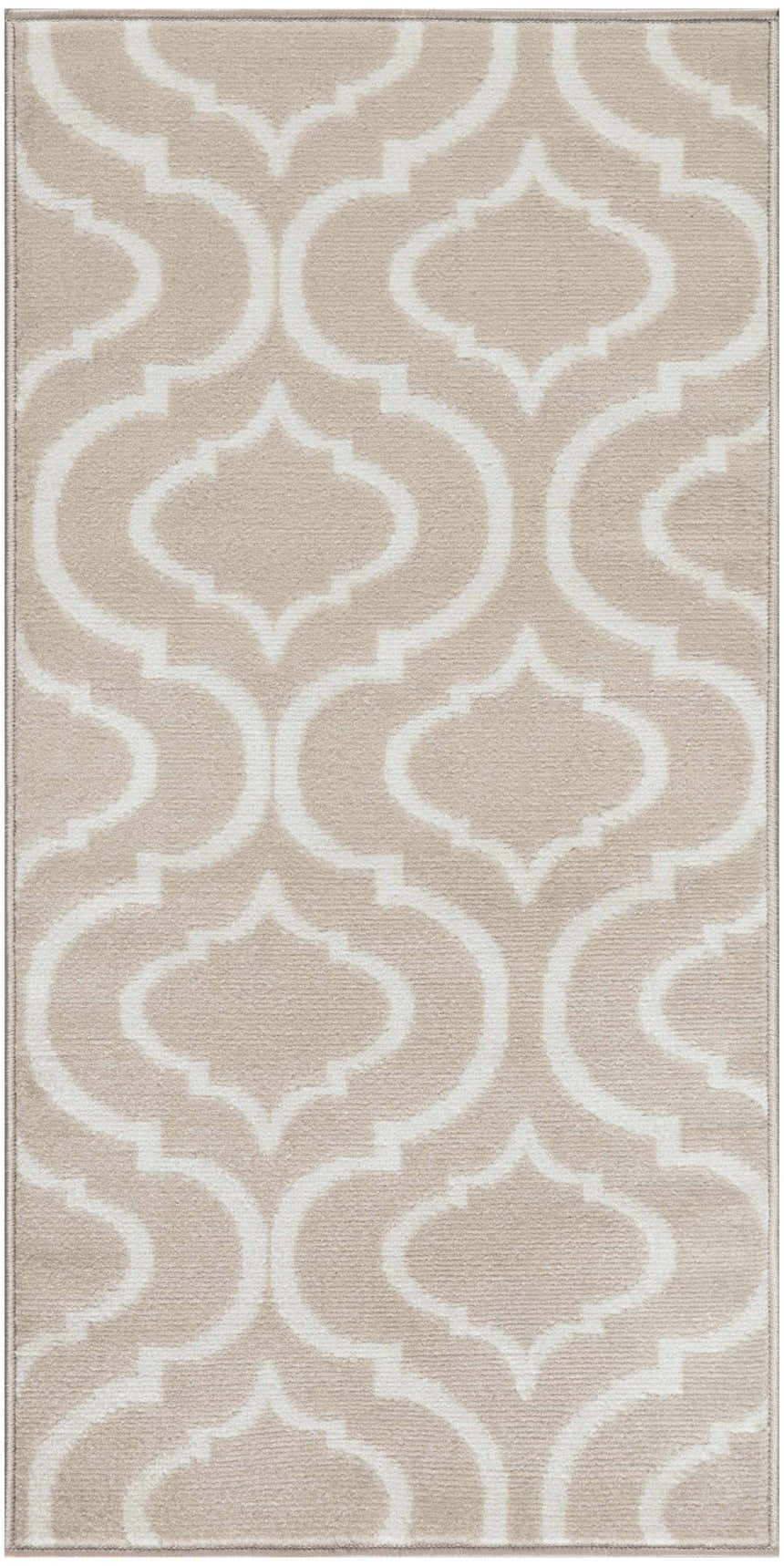 Close-up of the Nourison Jubilant Beige rug featuring a modern, geometric trellis pattern in beige and white.
