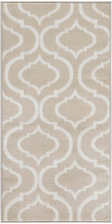 Close-up of the Nourison Jubilant Beige rug featuring a modern, geometric trellis pattern in beige and white.