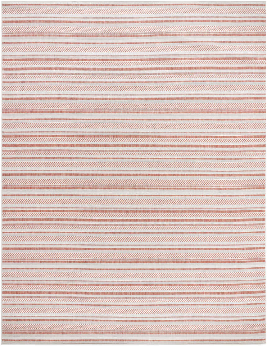 Close-up of the Garan Area Rug showing a striped pattern in terracotta and beige. Machine woven texture. Design-Rectangle-71010