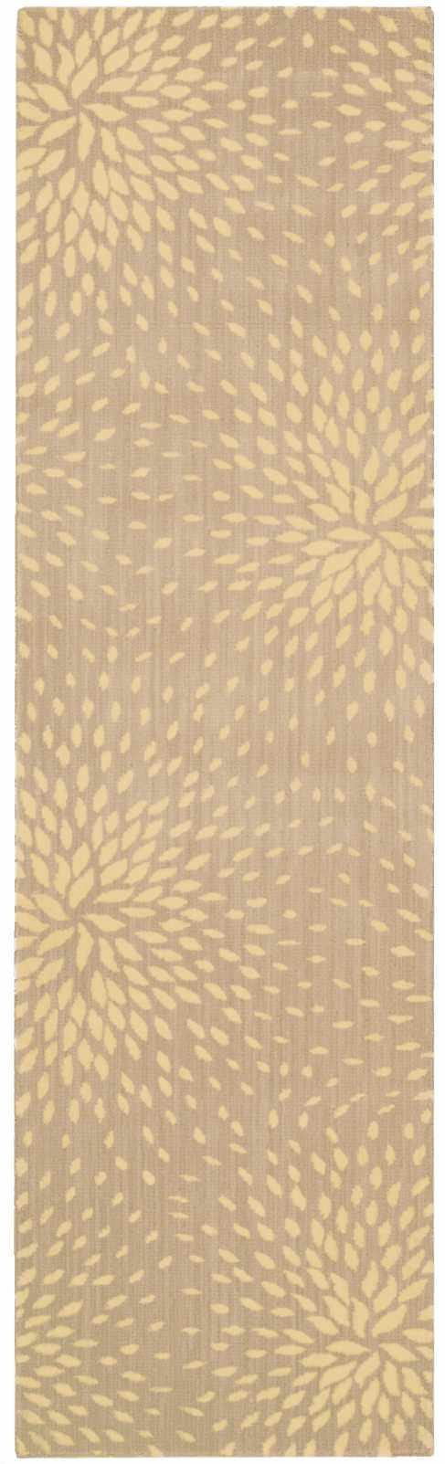 Close-up of Nourison Capri Beige Floral Area Rug. Beige background with stylized floral pattern. Wool runner rug.