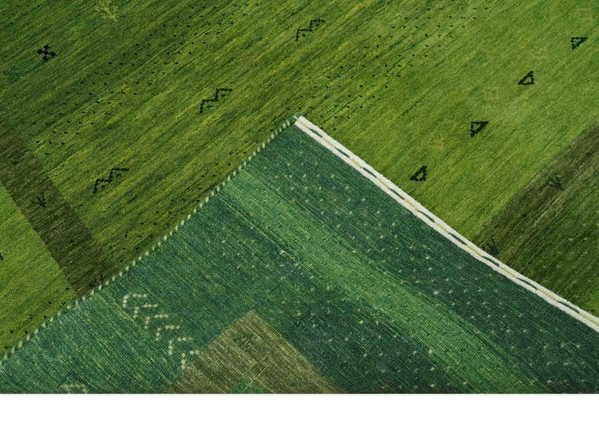 Geometrical Stripes Design Green Hand loom Multi Size wool Area Rug