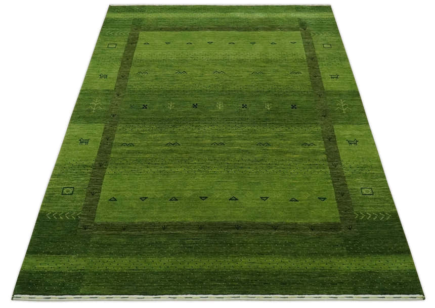 Geometrical Stripes Design Green Hand loom Multi Size wool Area Rug