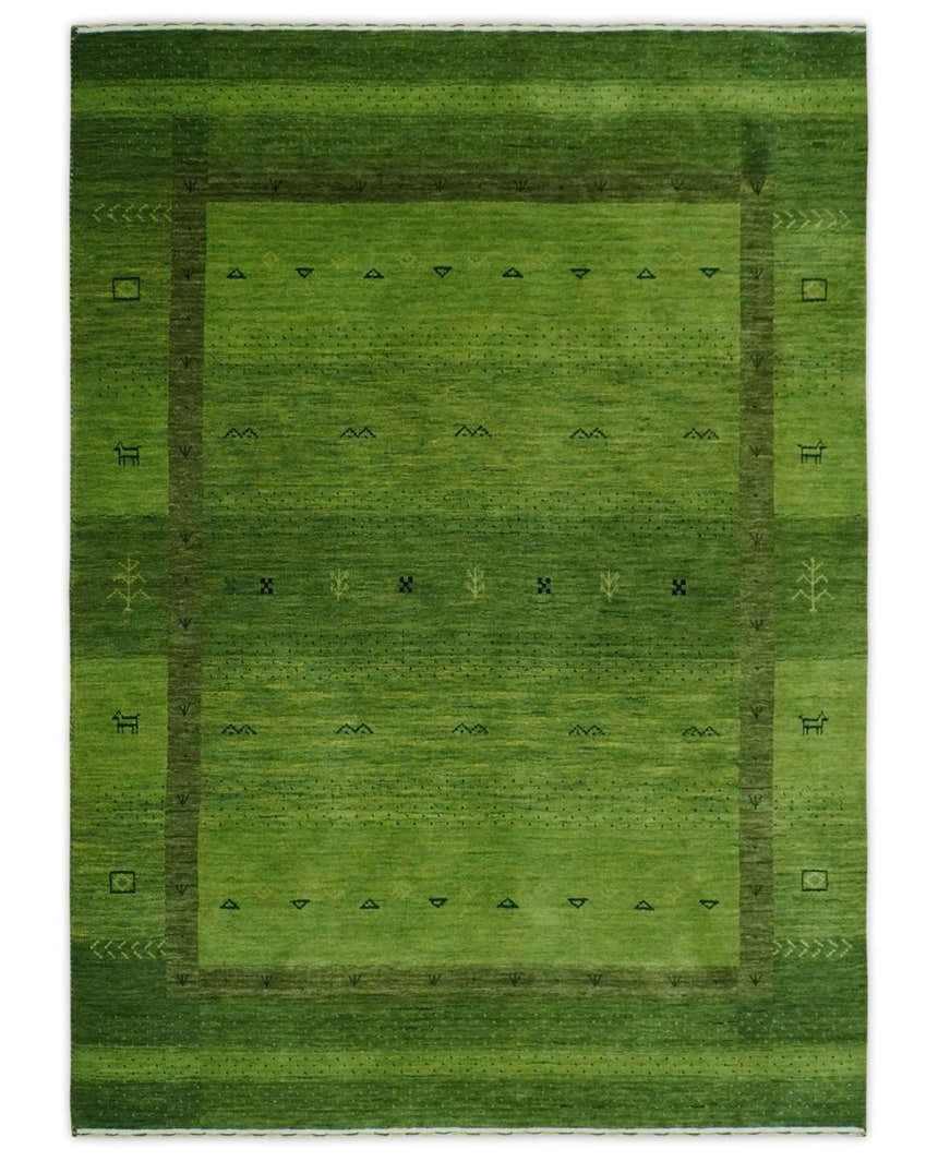 Geometrical Stripes Design Green Hand loom Multi Size wool Area Rug