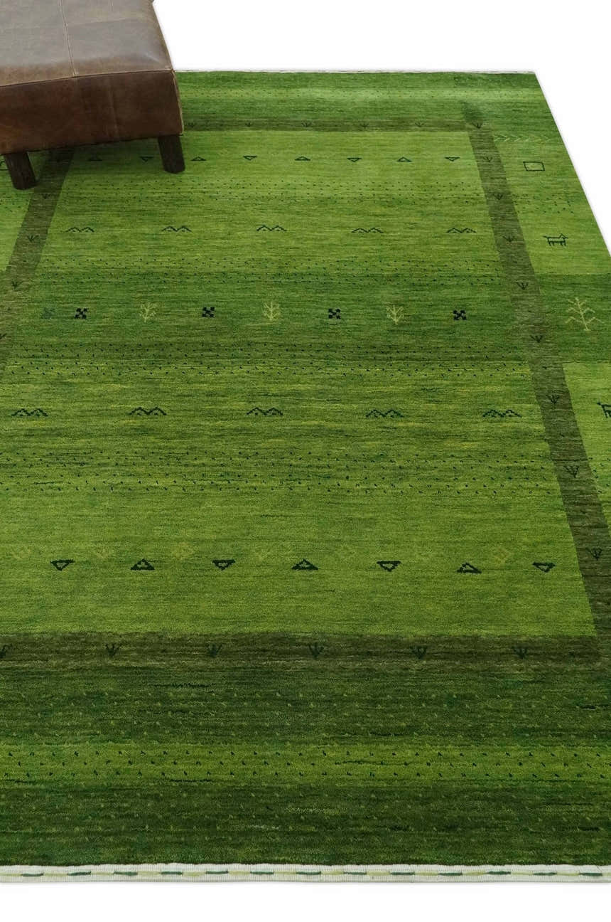 Geometrical Stripes Design Green Hand loom Multi Size wool Area Rug