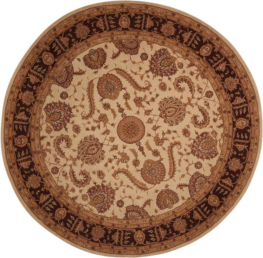 Close-up of the round Nourison Heritage Hall Freeform Beige Persian rug featuring a floral pattern and dark brown border.