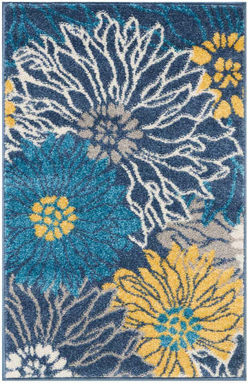 Close-up of Nourison Passion Blue Contemporary rug with floral pattern in light blue, navy, yellow, and gray.