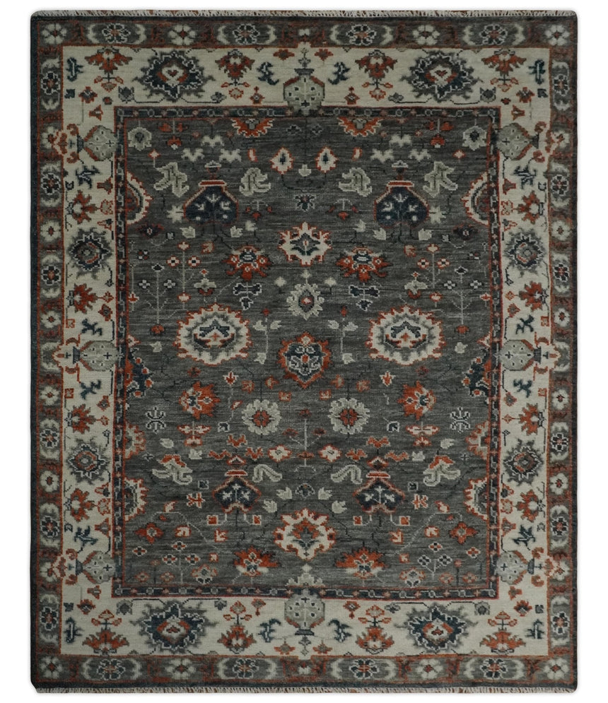 Charcoal and Ivory Hand Knotted Traditional Oushak Custom Made Wool Area Rug