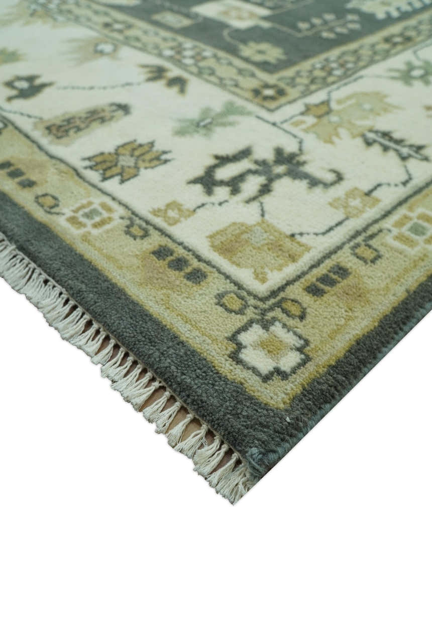 Gray And Beige Oushak Hand Knotted Custom Made Wool Rug