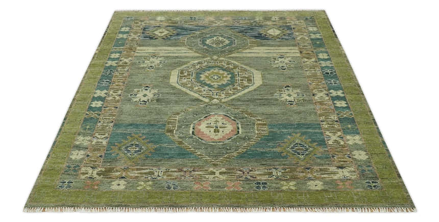 Green and Teal Traditional Hand Knotted Multi Size wool area rug
