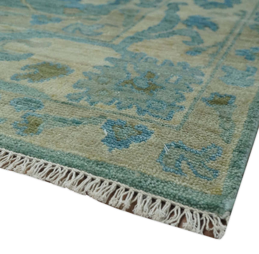 Green, Beige and Blue Hand knotted Traditional Oushak Multi Size Wool Area Rug