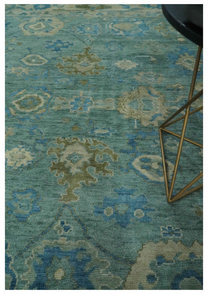 Green, Beige and Blue Hand knotted Traditional Oushak Multi Size Wool Area Rug