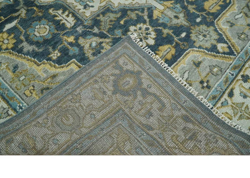 Ivory, Teal, silver and Olive Hand Knotted Traditional Heriz Medallion Multi size wool Area Rug