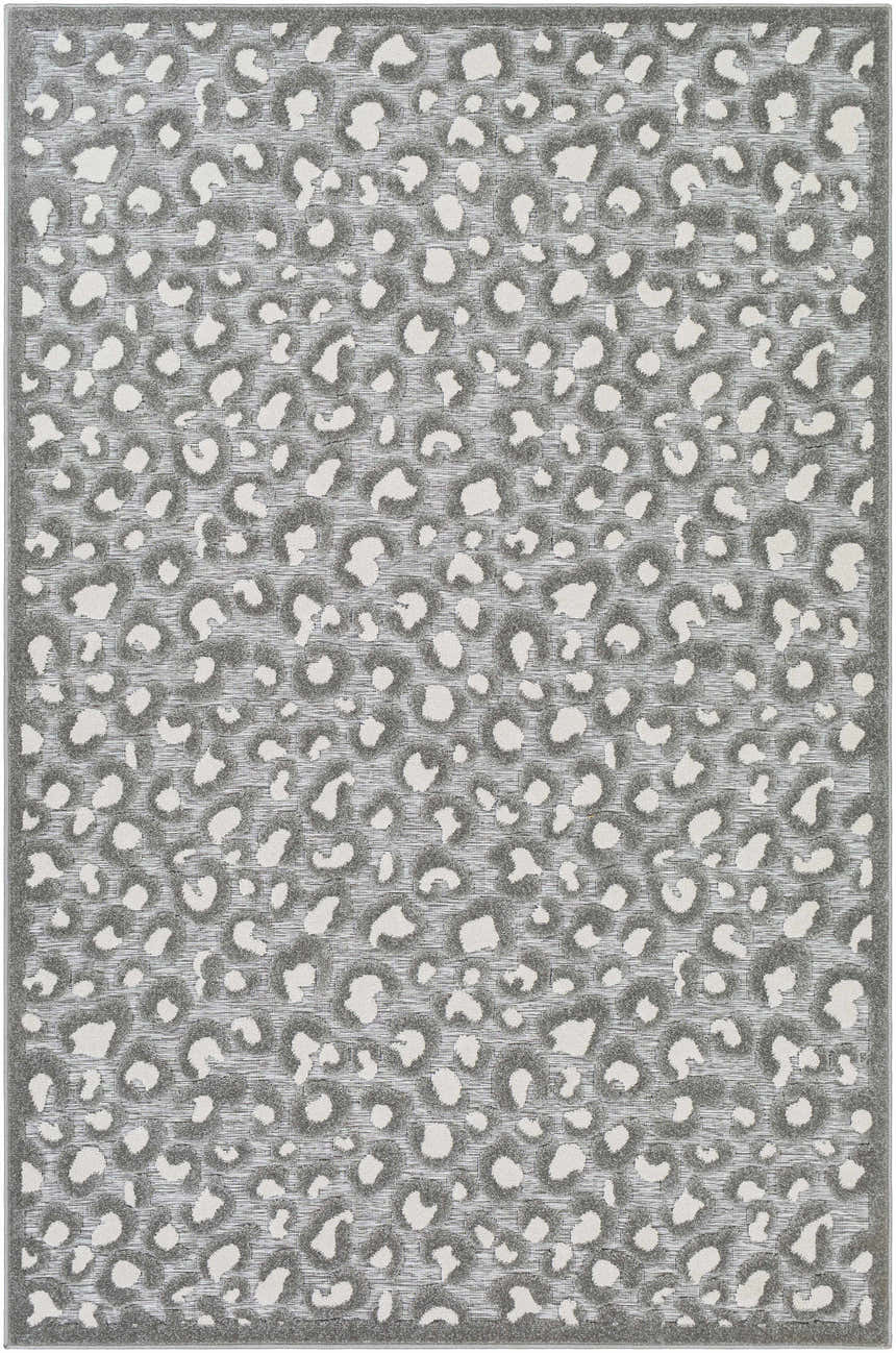 Close-up of the Greensborough Performance Rug. Machine woven polypropylene rug with a gray and white animal print pattern. Design-Rectangle-5373