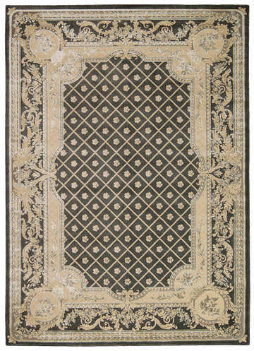 Detailed Michael Amini Platine Charcoal rug. Vintage style with taupe floral border and diamond pattern.