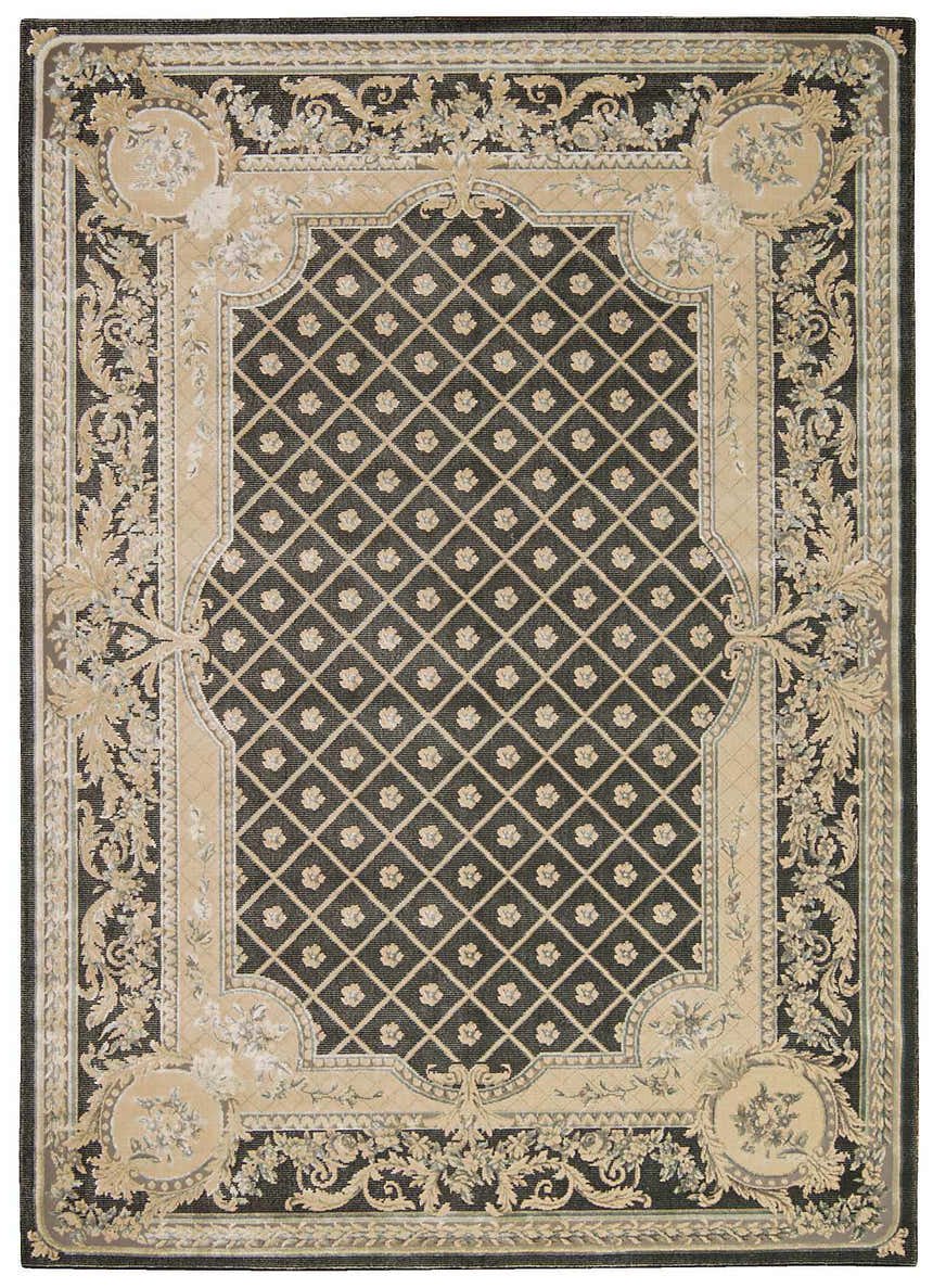 Detailed Michael Amini Platine Charcoal rug. Vintage style with taupe floral border and diamond pattern.