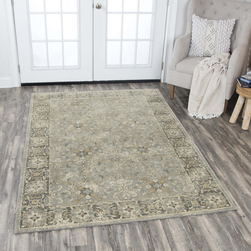 Entryway with Rizzy GS6796 area rug in beige, gray, and dark red. Farmhouse style rug with floral pattern. Roomscene-Rectangle