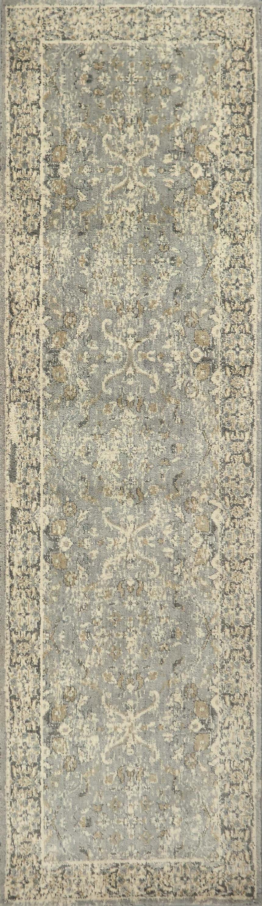 Close-up of the Rizzy GS6796 area rug. Machine woven wool rug with beige, dark red, and gray farmhouse pattern. Design-Runner