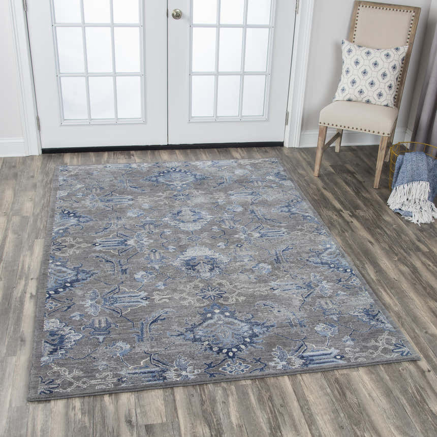 Entryway with Rizzy GS7225 area rug in blue and gray, chair with pillow, and French doors. Roomscene-Rectangle