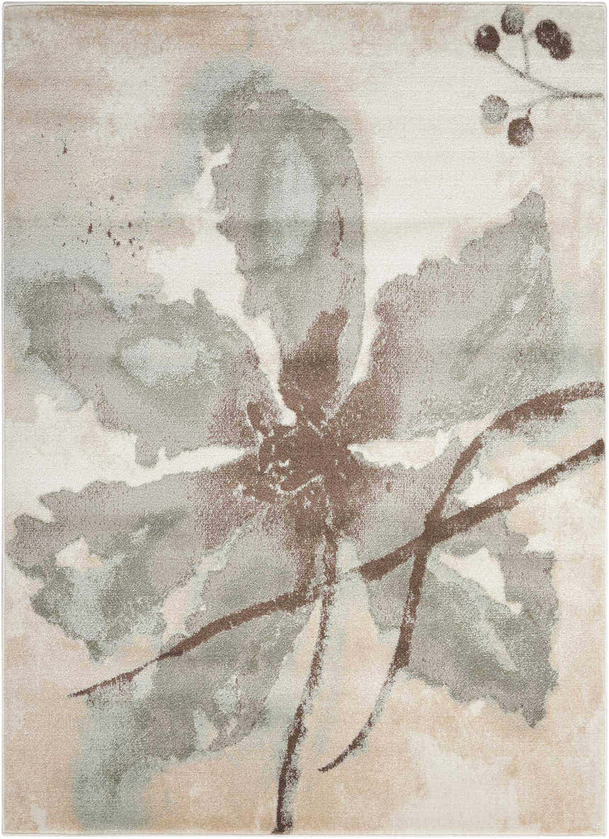 Close-up of the Nourison Euphoria Ivory rug with a chestnut brown floral design on a cream and blush background.